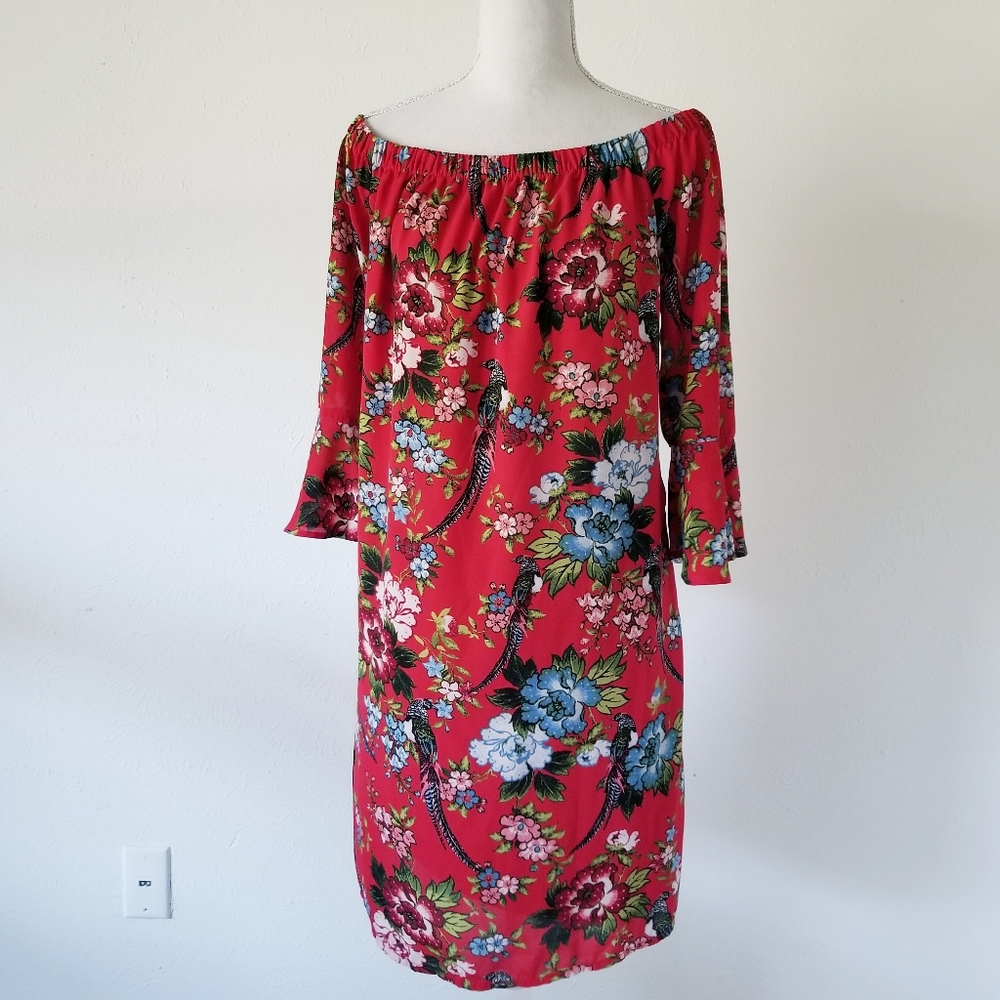 City Streets Red Floral Parrot Tropical Bell Dress - Picture 1 of 6